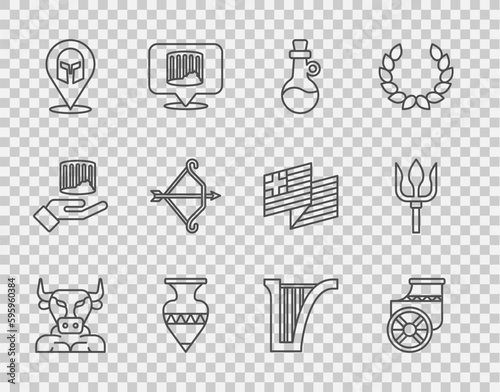 Set line Minotaur, Ancient chariot, Bottle of olive oil, amphorae, Greek helmet, Medieval bow with arrow, Harp and Neptune Trident icon. Vector