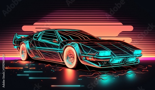 Cyberpunk Futuristic retro wave synth wave car; Retro sports car with neon backlight contours. Generative ai