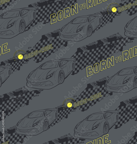 Sport car silhouette seamless pattern. Automobile, grunge chequered border, speedometer, lettering composition. Endless cars wrapping. Speed race repeat print. Vehicle auto endless ornament.