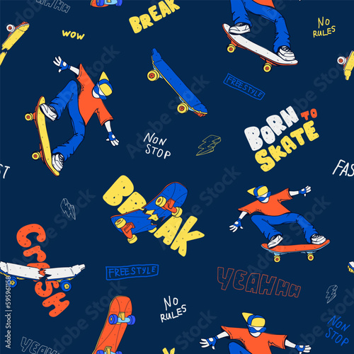 Abstract seamless pattern with boy ride on skateboard. Man on skate repeat print. Skateboarding repeated ornament. Cover wall with text drawing in graffiti street art style. Dude cartoon character