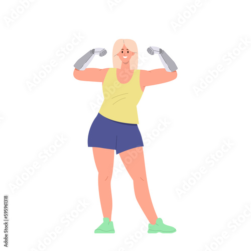 Happy woman character smiling and posing showing power strength of new bionic arms prosthesis
