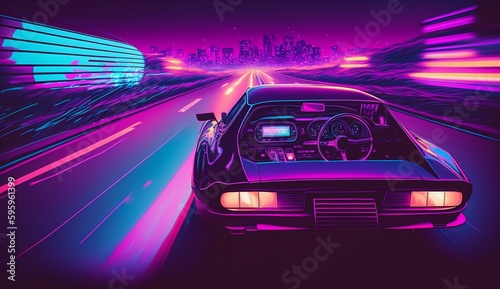 Cyberpunk Futuristic retro wave synth wave car  Retro sports car with neon backlight contours. Generative ai © myAstock