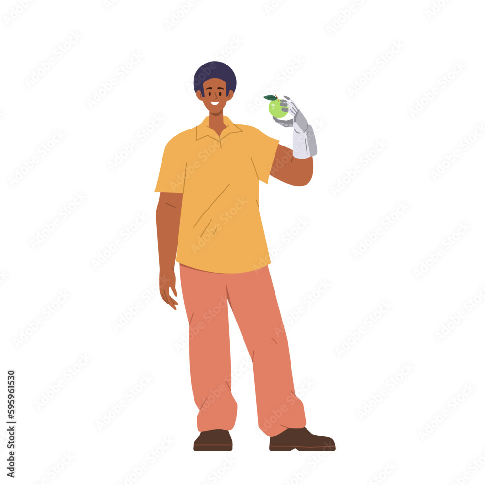 Happy smiling man character holding apple fruit in new biomechanical hand standing isolated on white Happy smiling man character holding apple fruit in new biomechanical hand standing isolated on white