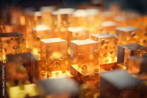 Arranged cubes, translucent with orange and yellow hues. Modern tech wallpaper, 3D render. Generative AI © Thisbe