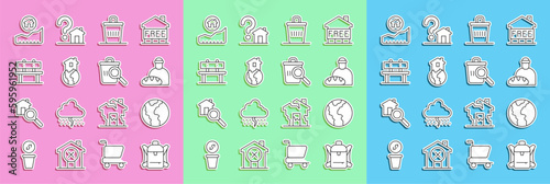 Set line Hiking backpack, Global economic crisis, Feeding the homeless, Trash can, Shelter for, Bench, Rising cost of housing and Searching food icon. Vector
