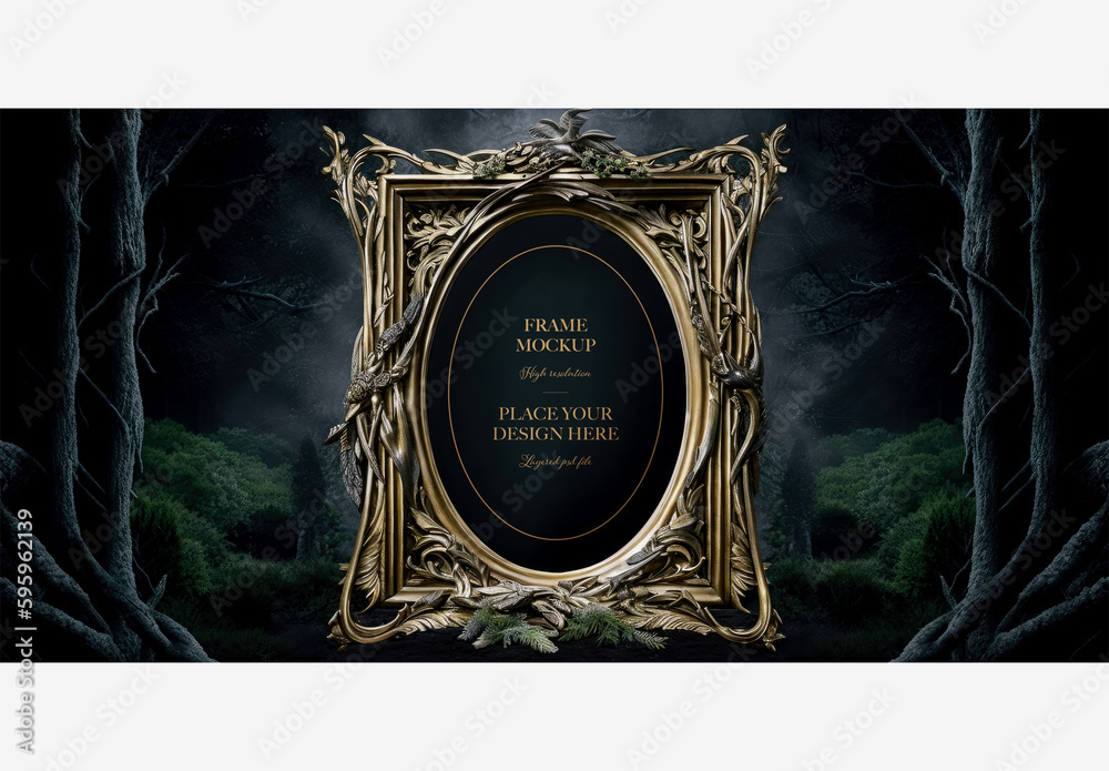 Enchanting Forest Scene Mirror With Gold Frame And Dark Background ...