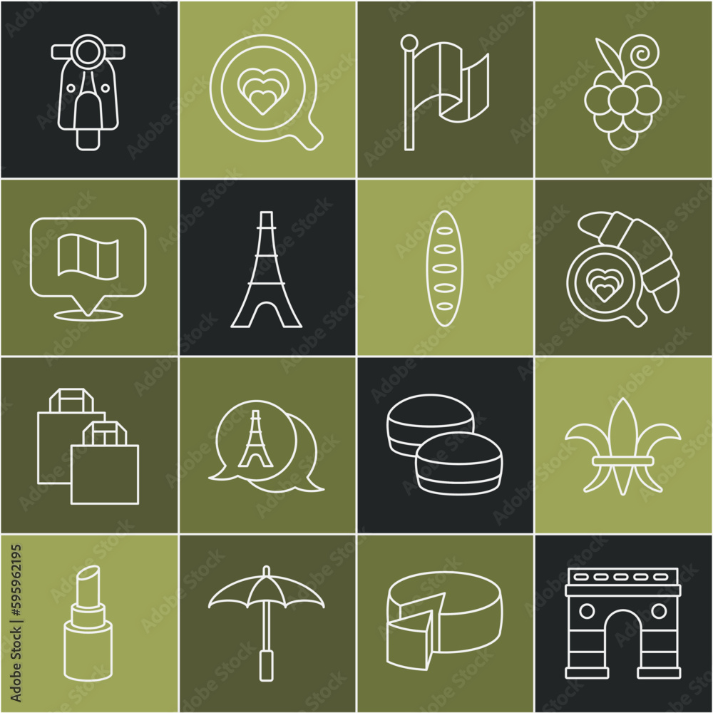 Set line Triumphal Arch, Fleur De Lys, Coffee cup with croissant, Flag France, Eiffel tower, Scooter and French baguette bread icon. Vector Set line Triumphal Arch, Fleur De Lys, Coffee cup with croissant, Flag France, Eiffel tower, Scooter and French baguette bread icon. Vector