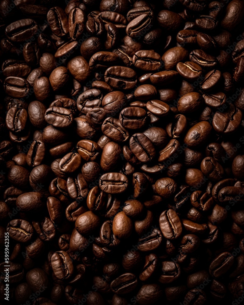Naklejka premium Top down view of fresh roasted coffee beans. AI Generative Art.