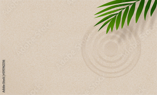 Zen sand pattern with palm leaves,Zen Garden with circles lines raked on smooth sandy surface background,Harmony,Meditation,Zen like concept, Sand beach texture with simple spiritual in Summer beach
