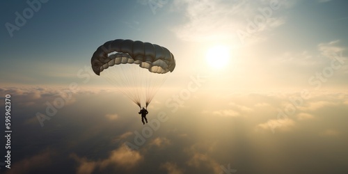 Parachuting. Action sport. Paratroopers or parachutist free-falling and descending with parachutes. Generative AI. Sky. Sport background