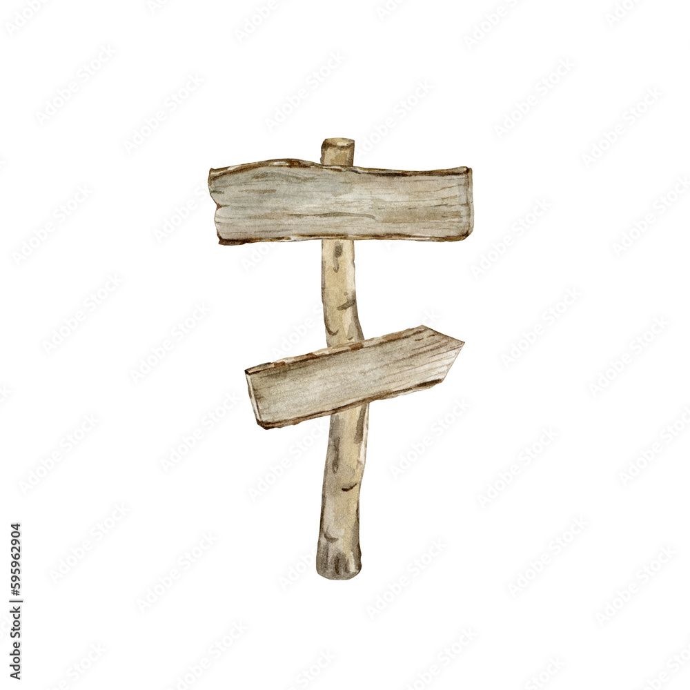 Road sign, signpost. Made of wooden planks. Watercolor illustration.