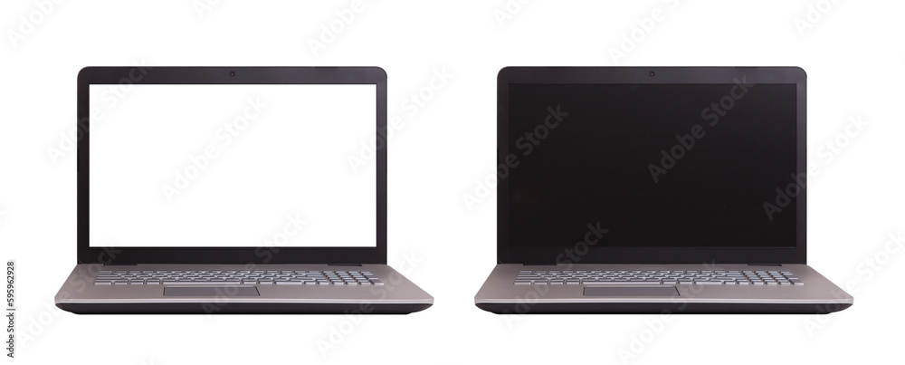 Laptop blank screen on white background, mockup, template for your text, clipping paths included for background and device screen black and white. set