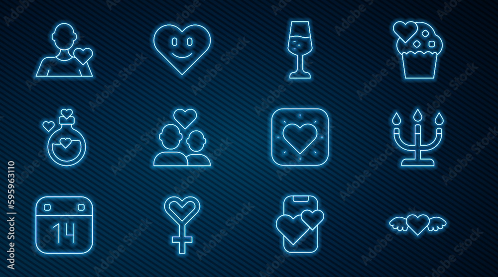 Set line Heart with wings, Candlestick, Glass of champagne, Lover couple, Bottle love potion, Romantic man, and icon. Vector Set line Heart with wings, Candlestick, Glass of champagne, Lover couple, Bottle love potion, Romantic man, and icon. Vector
