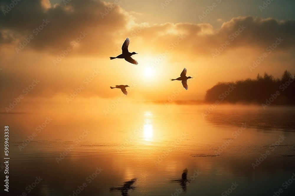 Sunrise new day and flying flock of  bird. AI generative