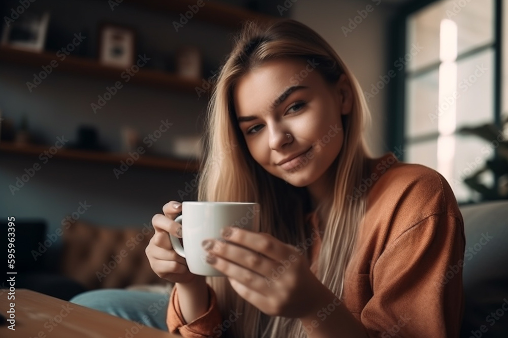 Beautiful girl with cup of coffee at home, created with Generative AI Technology Beautiful girl with cup of coffee at home, created with Generative AI Technology