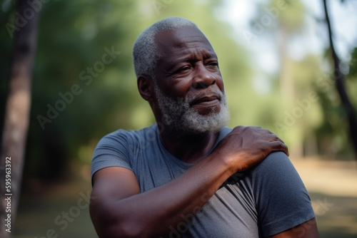 elderly african man with back pain stands in park in summer, created with Generative AI Technology