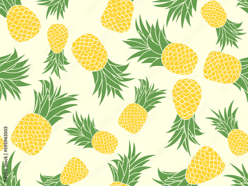Pineapple seamless pattern. Summer fruit pattern. Pineapple fruit on yellow background. Tropical design for T-shirts, prints on paper and fabric. Vector illustration Pineapple seamless pattern. Summer fruit pattern. Pineapple fruit on yellow background. Tropical design for T-shirts, prints on paper and fabric. Vector illustration