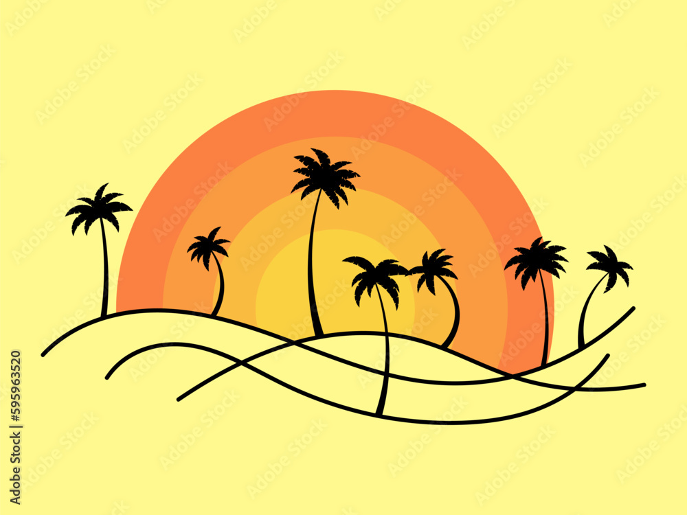 Line landscape outline with palm trees and rising sun on a yellow background. Summer tropical landscape in a minimalist style. Design for printing t-shirt and banner. Vector illustration