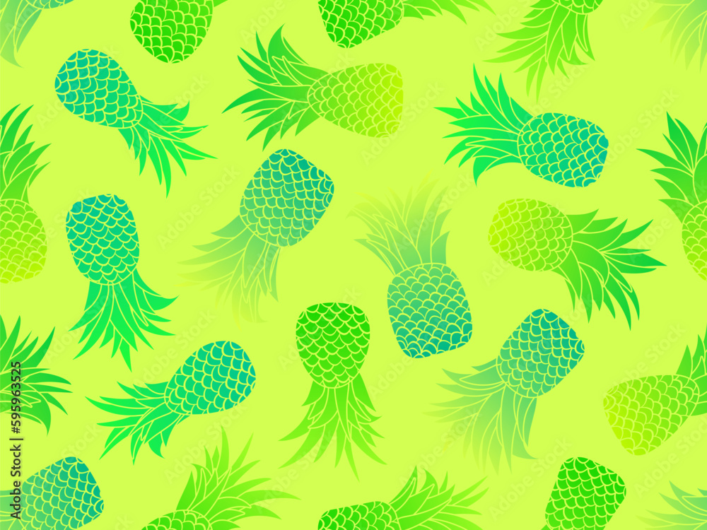 Gradient pineapples seamless pattern. Summer fruit pattern. Pineapple fruit on green background. Tropical design for T-shirts, prints on paper and fabric. Vector illustration Gradient pineapples seamless pattern. Summer fruit pattern. Pineapple fruit on green background. Tropical design for T-shirts, prints on paper and fabric. Vector illustration