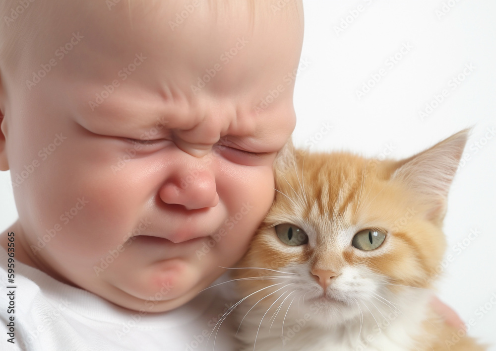 Close up of sad baby with cat, white background, Generative AI Close up of sad baby with cat, white background, Generative AI