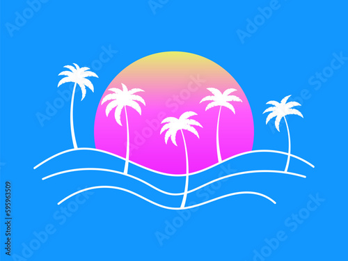 Fototapeta Naklejka Na Ścianę i Meble -  Line landscape outline with palm trees and rising sun on a blue background. Summer tropical landscape in a minimalist style. Design for printing t-shirt and banner. Vector illustration