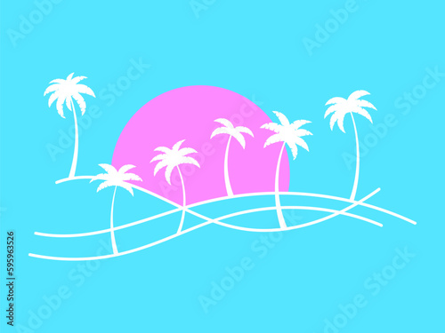 Line landscape outline with palm trees and rising sun on a blue background. Summer tropical landscape in a minimalist style. Design for printing t-shirt and banner. Vector illustration