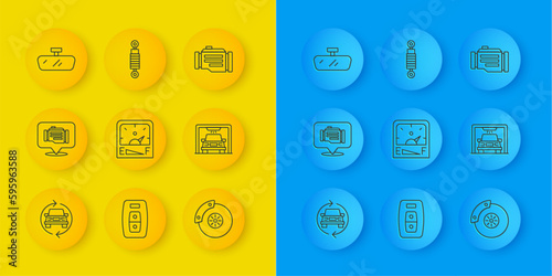 Set line Car service, Check engine, Motor gas gauge, brake disk with caliper, wash, mirror, and Shock absorber icon. Vector