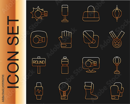 Set line Boxing glove, Punching bag, Medal, Sport, MMA, boxing and training paws icon. Vector