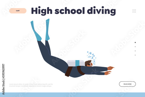 High school diving landing page template with male extreme diver character swimming underwater