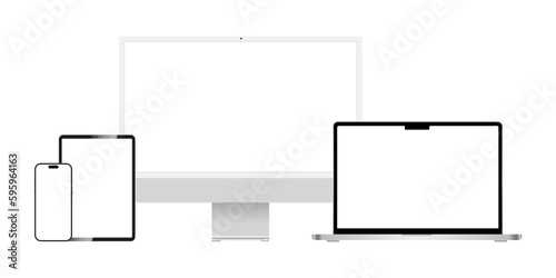 Realistic mockups of devices on isolated background. Vector set of phone, tablet, laptop and computer. Empty screen mock-up, silver design. Vector EPS 10