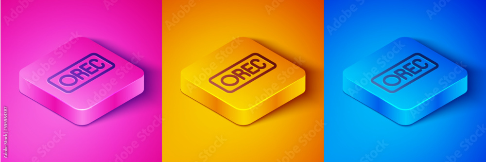 Isometric line Record button icon isolated on pink and orange, blue background. Rec button. Square button. Vector Isometric line Record button icon isolated on pink and orange, blue background. Rec button. Square button. Vector