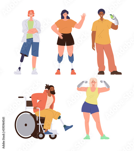 Set of people characters having different robotic body parts, functional futuristic limbs prosthesis