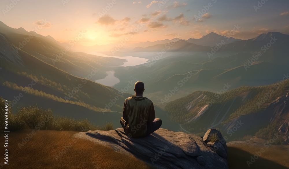 Man meditating in the mountain during the sunset, fantasy-based. Generative Ai.
Man meditating in the mountain during the sunset, fantasy-based. Generative Ai.