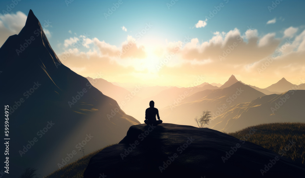 Man meditating in the mountain during the sunset, fantasy-based. Generative Ai.
