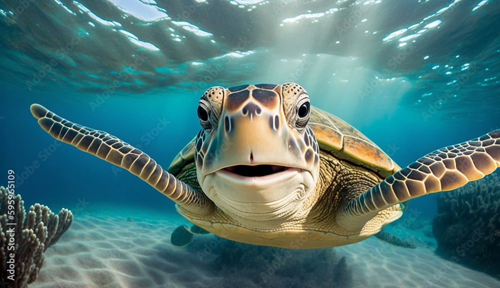 Fototapeta premium Portrait of a happy sea turtle swimming underwater. Generative AI