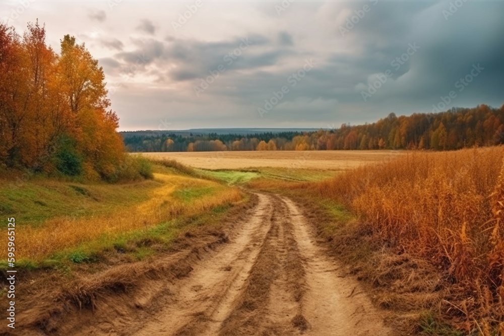 Beautiful Autumn rural landscape; Panorama of autumn golden field with dirt road and cloudy sky. AI generative