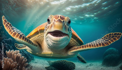 Portrait of a happy sea turtle swimming underwater. Generative AI photo