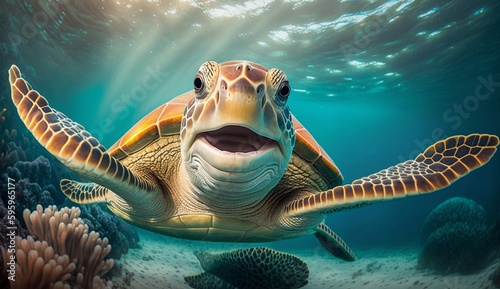 Portrait of a happy sea turtle swimming underwater. Generative AI