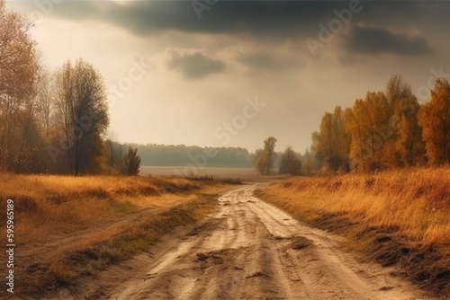 Beautiful Autumn rural landscape; Panorama of autumn golden field with dirt road and cloudy sky. AI generative
