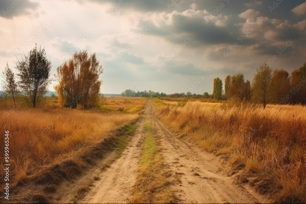 Beautiful Autumn rural landscape; Panorama of autumn golden field with dirt road and cloudy sky. AI generative