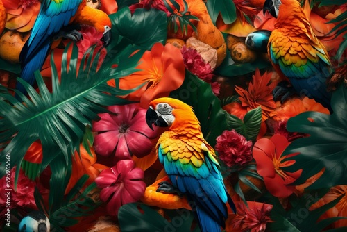 Vibrant pattern featuring exotic birds from the tropics. Generative AI