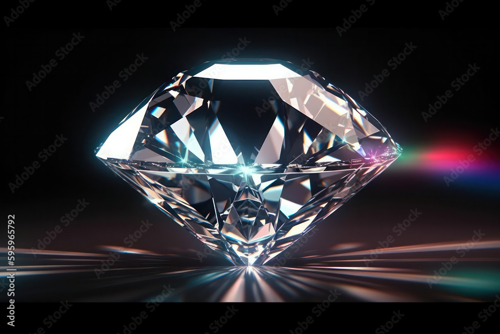 A large sparkling diamond refracting a ray of light on a black background.Generative AI A large sparkling diamond refracting a ray of light on a black background.Generative AI