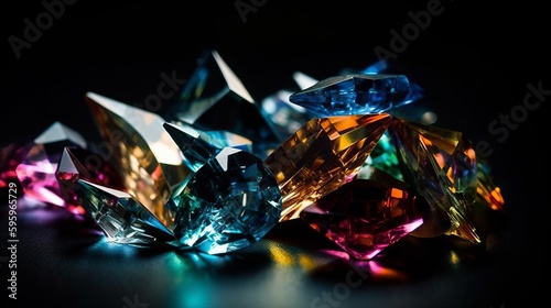 Sparkling multicolored mineral crystals with light rays isolated on black background. AI generated