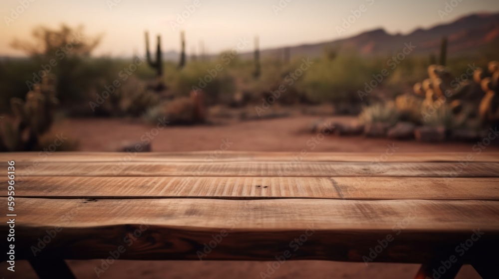 Old wooden empty table in front of blurred desert and cactus background. Generative AI.