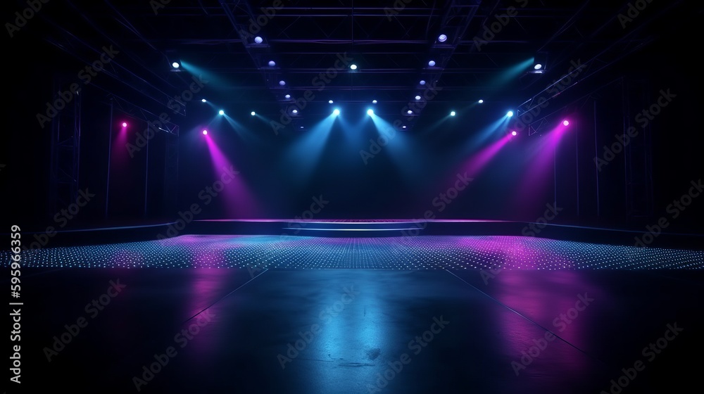 The dark stage shows empty dark blue purple pin background. AI generated - obrazy, fototapety, plakaty 