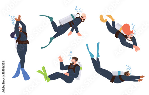 Set of diverse people divers enjoying underwater activity snorkeling and swimming with aqualung