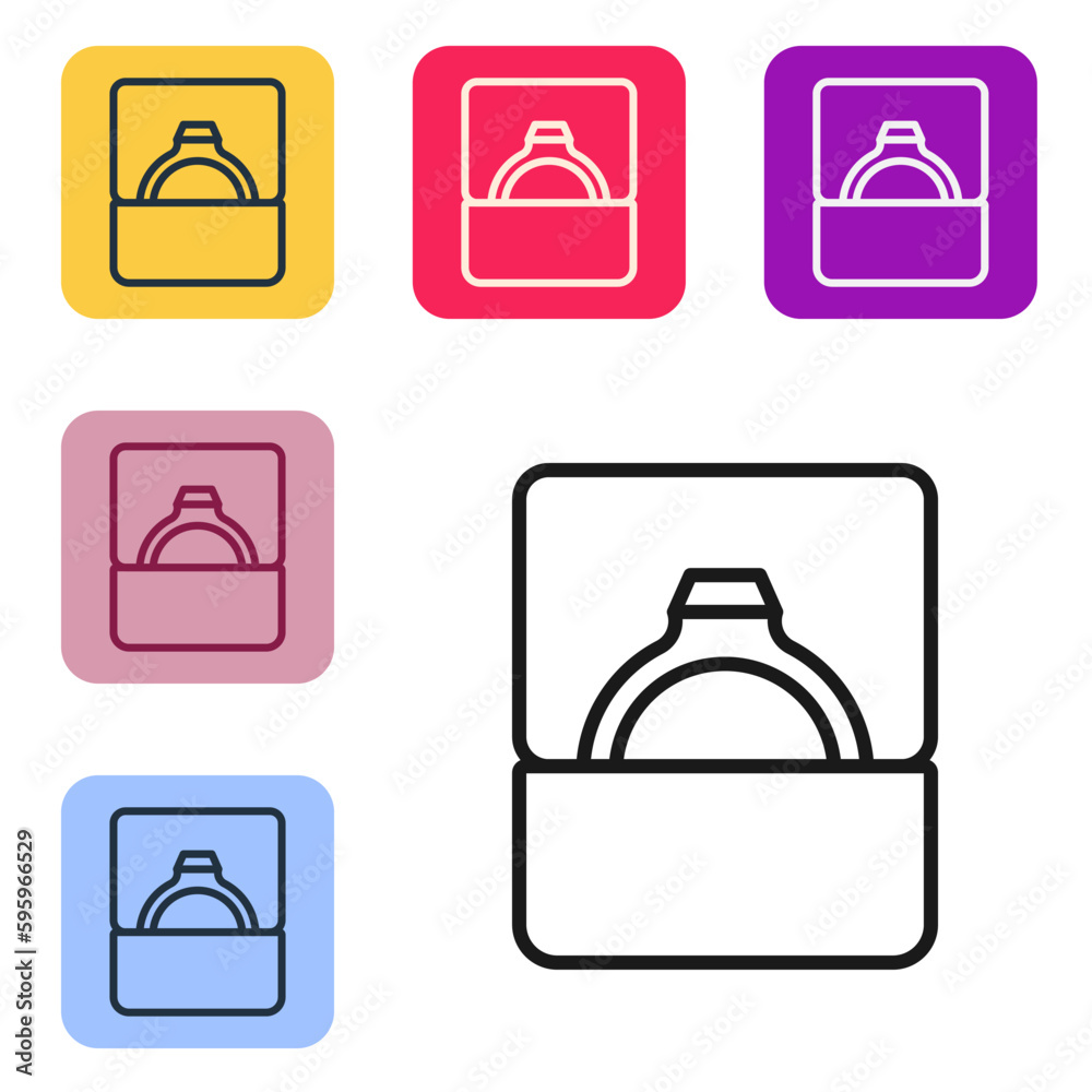 Black line Diamond engagement ring in box icon isolated on white background. Set icons in color square buttons. Vector Black line Diamond engagement ring in box icon isolated on white background. Set icons in color square buttons. Vector