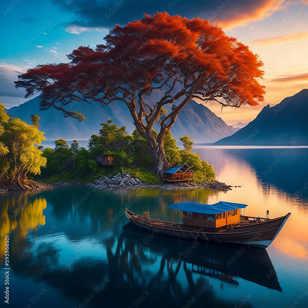 A Boats reaching a Red Tree House in the middle of the River surrounded by Mountains