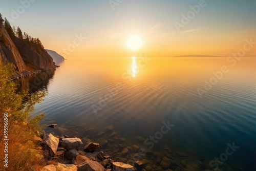 Spectacular summer sunrise over Lake Baikal. haze over water. Sunny outdoor scene. Nature beauty concept background. Generative AI © Margo_Alexa