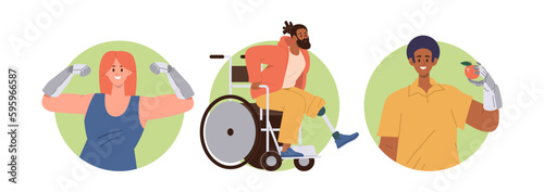 Round frame set with happy people characters having bionic robotic prosthesis of legs and arms